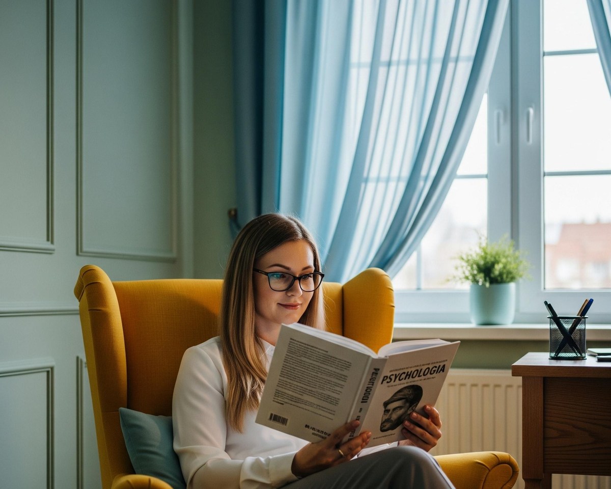 A therapist sitting in a comfortable chair by a window, reading in natural light